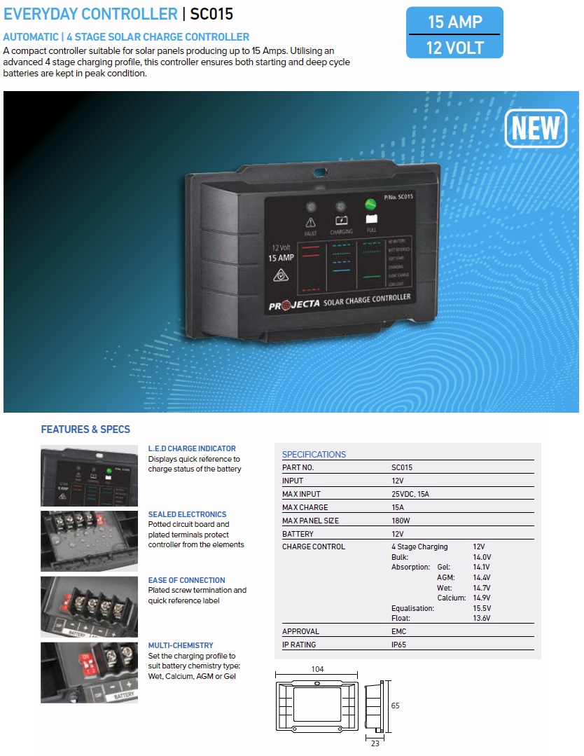 Projecta SC015 4 Stage Automatic 12V 15A Solar Charge Controller