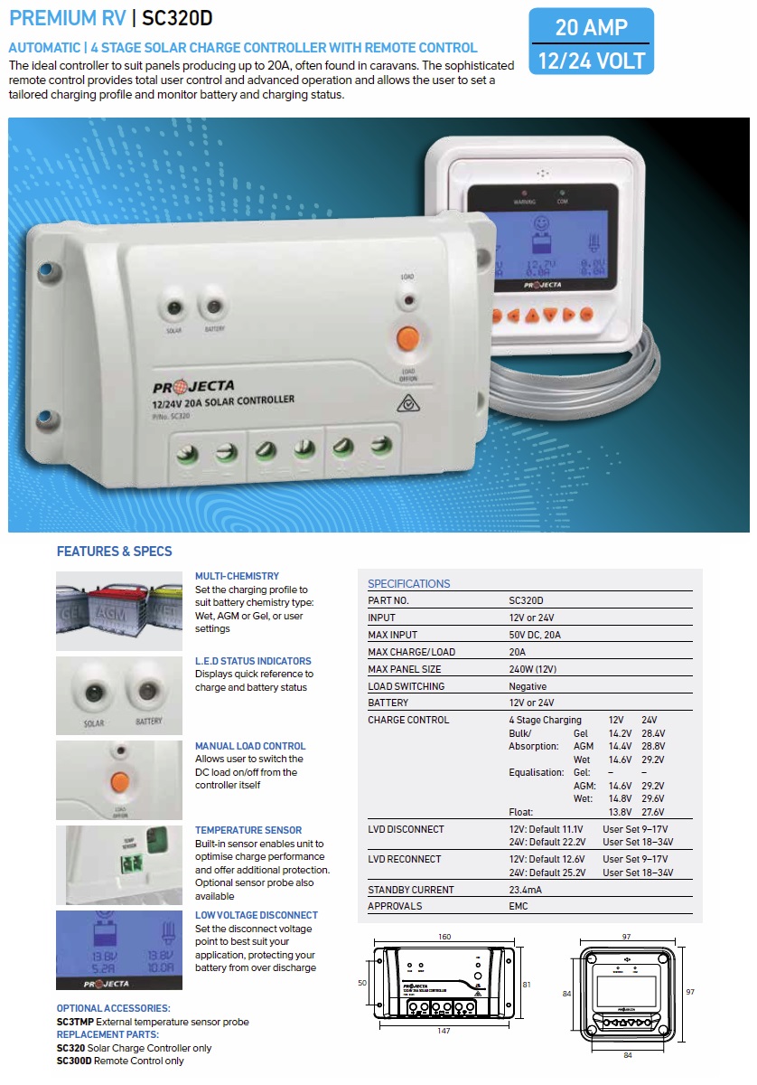 Projecta SC320D 3 Stage Automatic 12/24V 20A Solar Charge Controller with Remote Meter