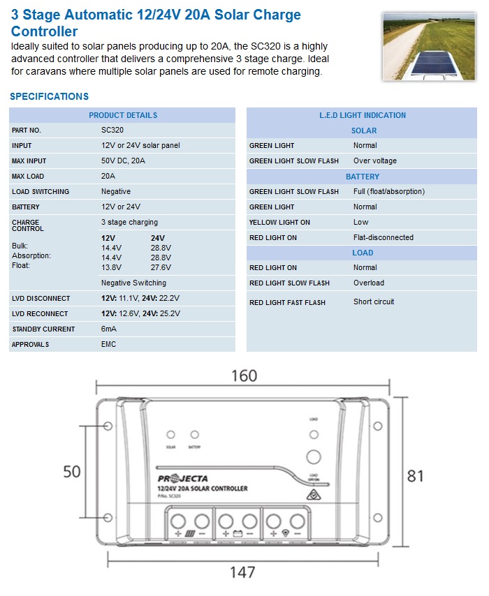 Projecta SC320 3 Stage Automatic 12/24V 20A Solar Charge Controller