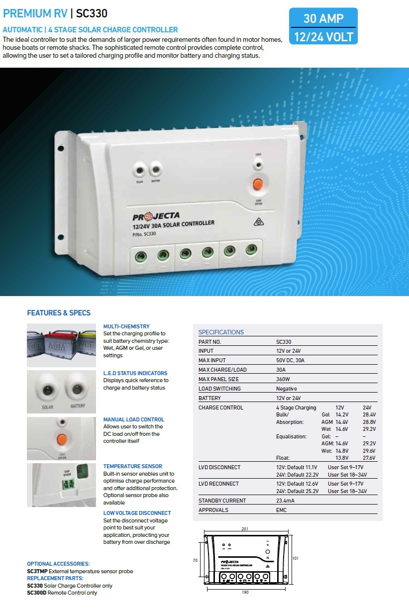 Projecta SC330 3 Stage Automatic 12/24V 30A Solar Charge Controller