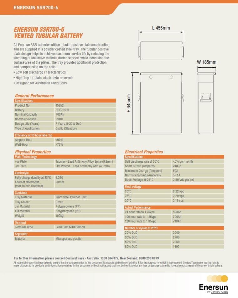 Enersun SSR700-6 Vented Tubular 6V 700Ah Cyclic Battery