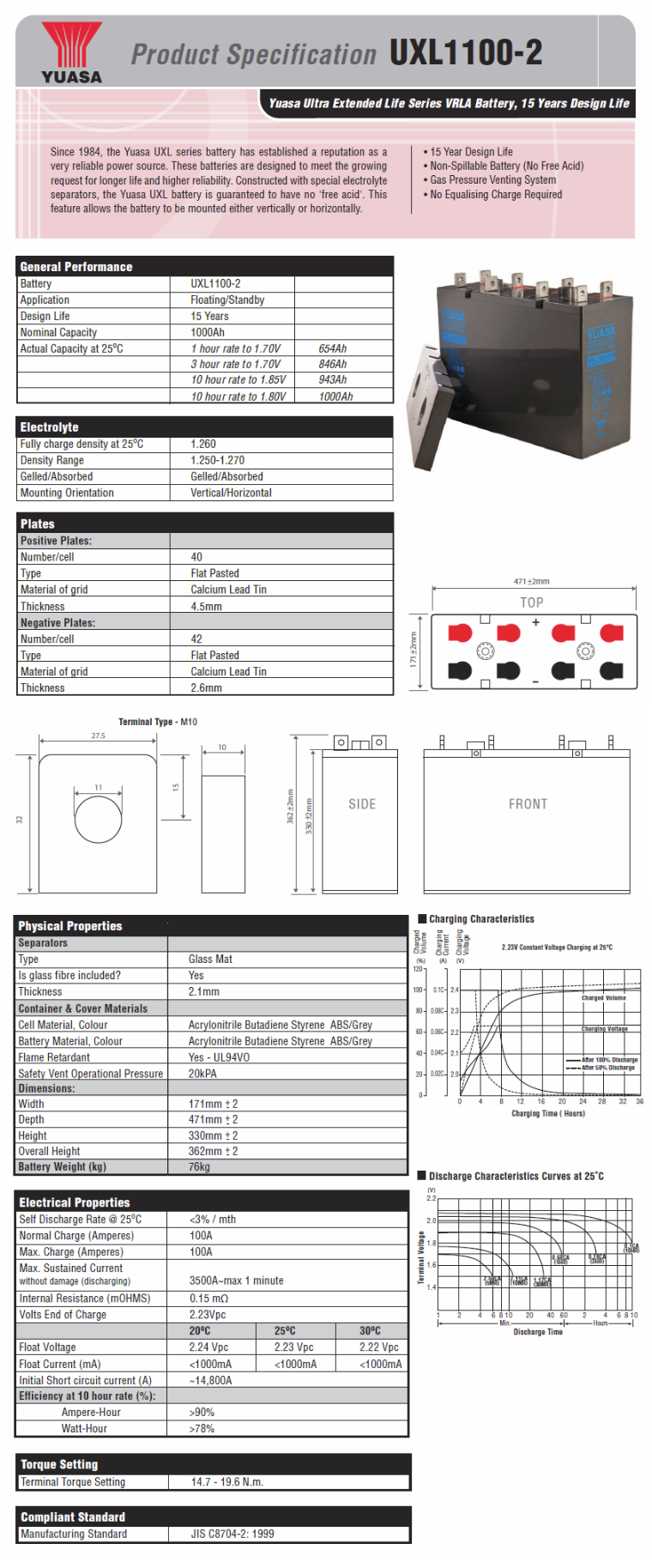 Yuasa UXL1000-2FR Ultra Extended Life Series 2V 1000AH VRLA Battery