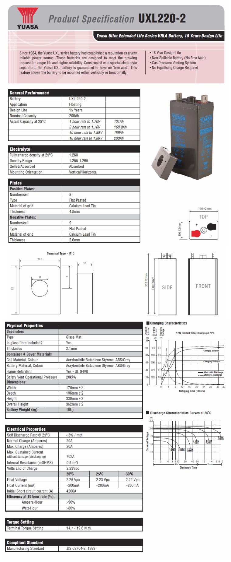 Yuasa UXL220-2FR Ultra Extended Life Series 2V 200AH VRLA Battery