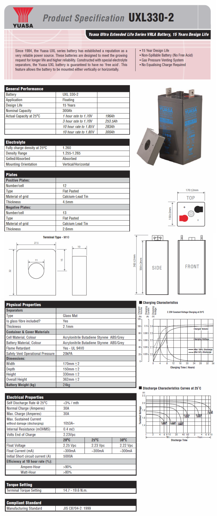 Yuasa UXL330-2FR Ultra Extended Life Series 2V 300AH VRLA Battery