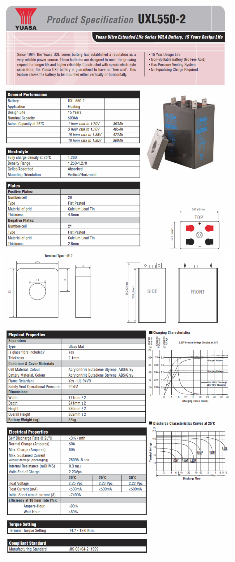 Yuasa UXL550-2FR Ultra Extended Life Series 2V 500AH VRLA Battery